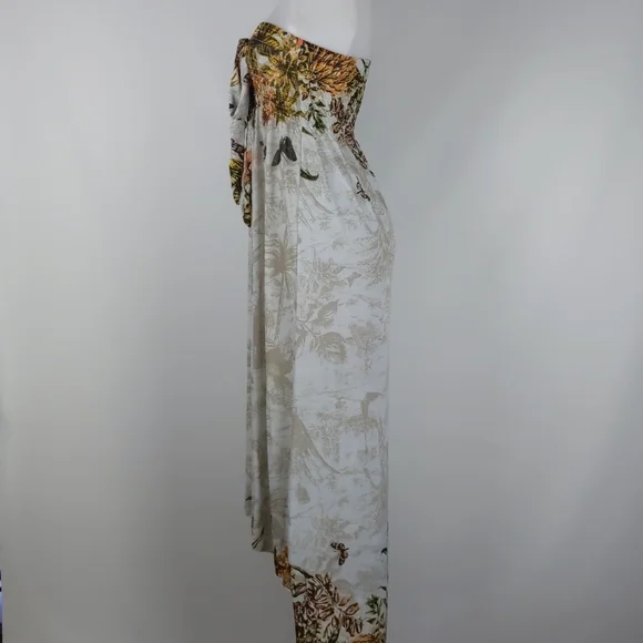 Women's Dress Size Med Cream Orange Butterflies Shirring Maxi High Low Hem Bow - Picture 7 of 10